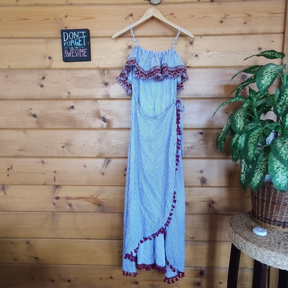 Charlie O. 💜 Kinnucan's Striped Maxi Dress Semi Wrap Boho Tassels Fringe Medium - Picture 1 of 12
